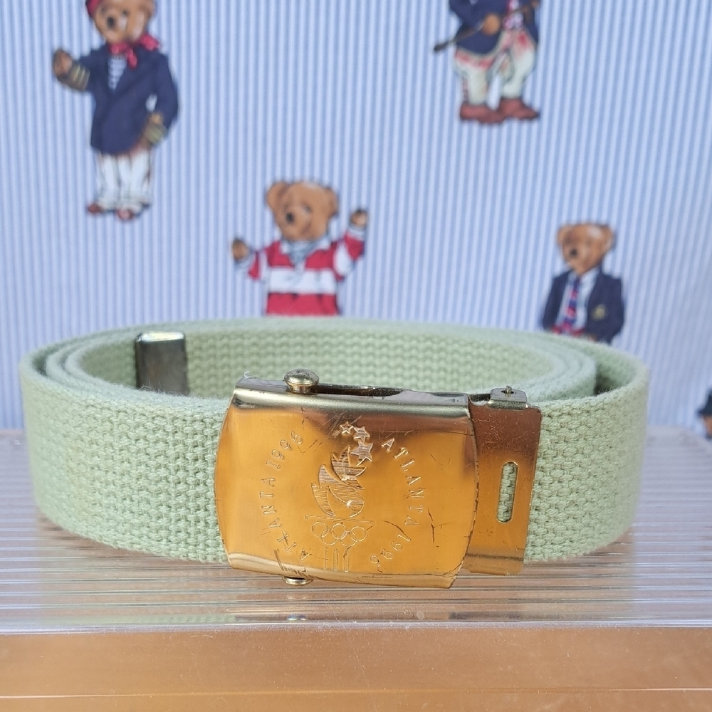 Vintage 1996 Atlanta Olympics buckle adjustable khaki & brass casual web belt